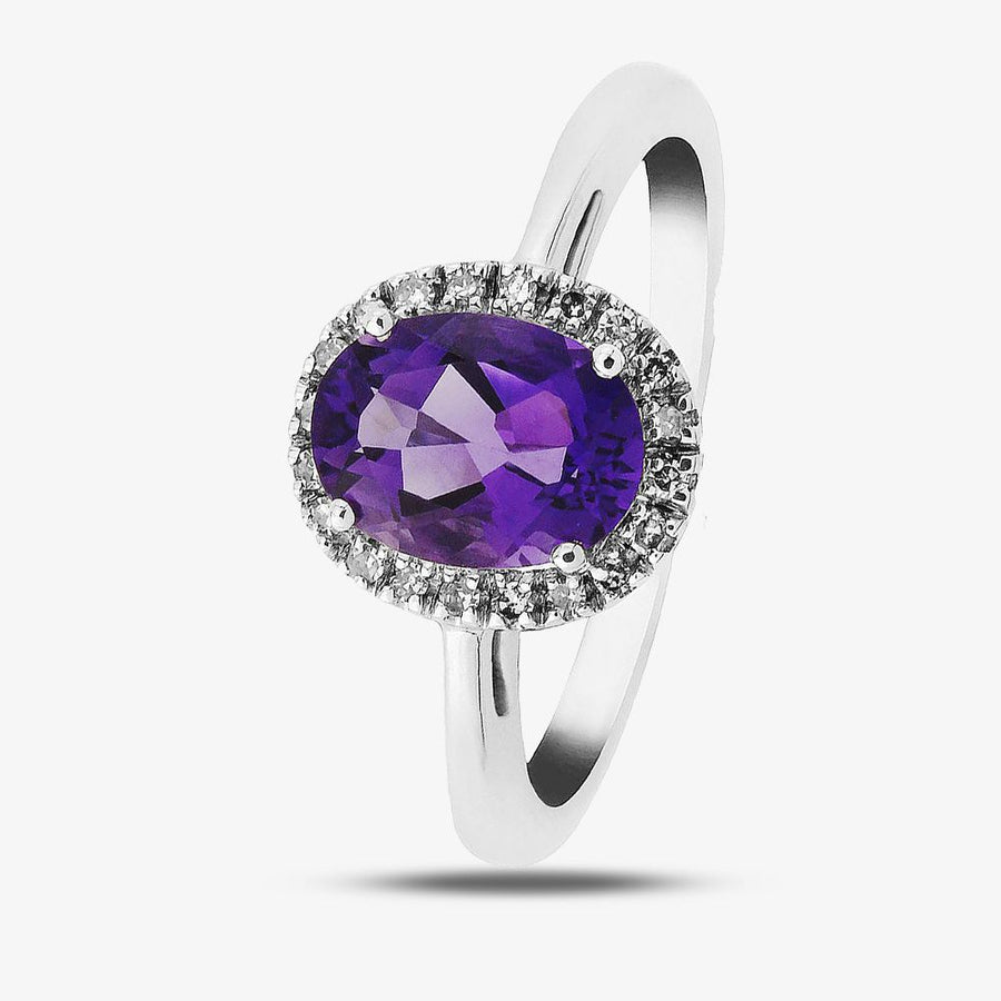 9ct White Gold Amethyst & Diamond Oval Cluster Ring
