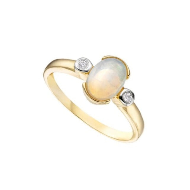 9ct Yellow Gold Opal and Diamond Three Stone Ring