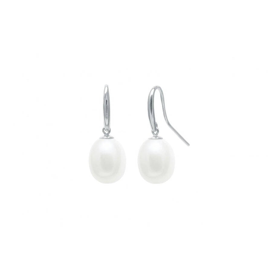 9ct White Gold White 9-10mm Teardrop Freshwater Pearl Drop Earrings