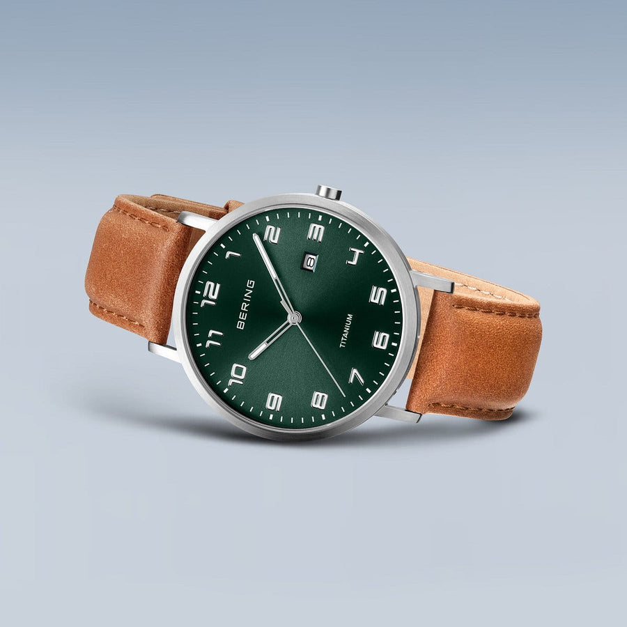 Bering Gents Titanium Green Dial & Tan Leather Strap Watch