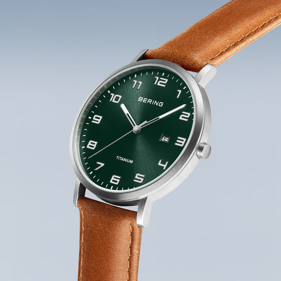 Bering Gents Titanium Green Dial & Tan Leather Strap Watch