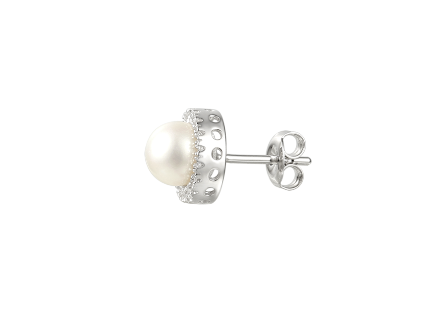 Amore Argento Sterling Silver White Freshwater Pearl & CZ Stud Earrings