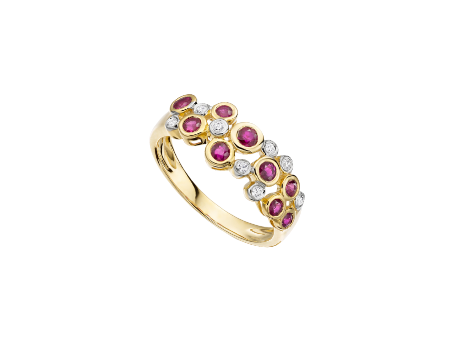 9ct Yellow Gold Ruby & Diamond Bubble Style Ring