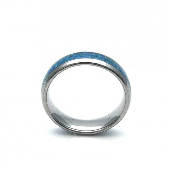 Unique Tungsten 6mm Blue Synthetic Opal Inlay Ring