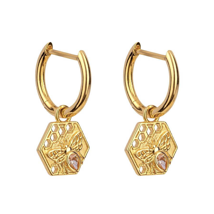 Sterling Silver Gold Plated Hexagon Bee CZ Drop Hoop Earrings