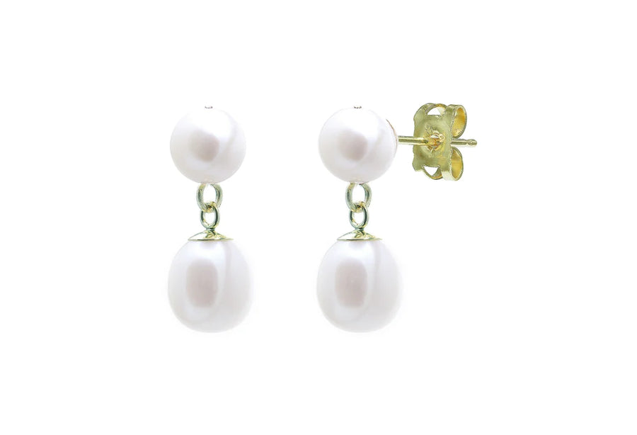 9ct Yellow Gold Double Freshwater White Pearl Drop Earrings