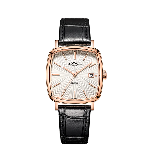 Rotary Gents Rose Gold Plated Black Leather Strap Watch