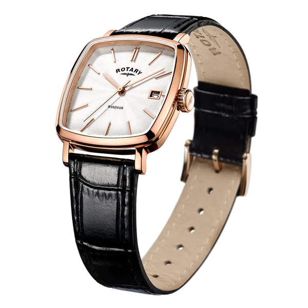 Rotary Gents Rose Gold Plated Black Leather Strap Watch