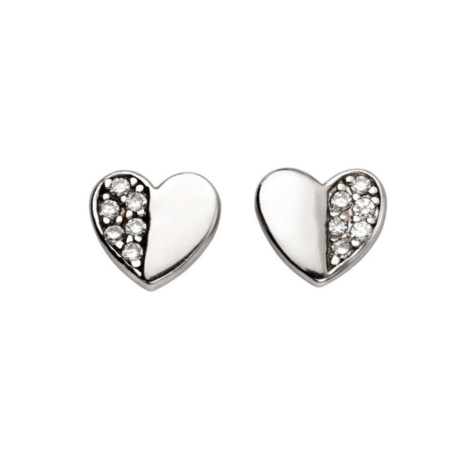 Sterling Silver Half CZ Heart Stud Earrings