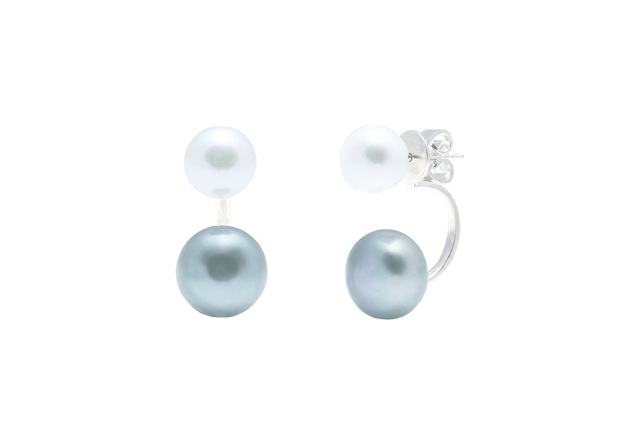 Sterling Silver C-Shape White and Grey Freshwater Pearl Stud Earrings