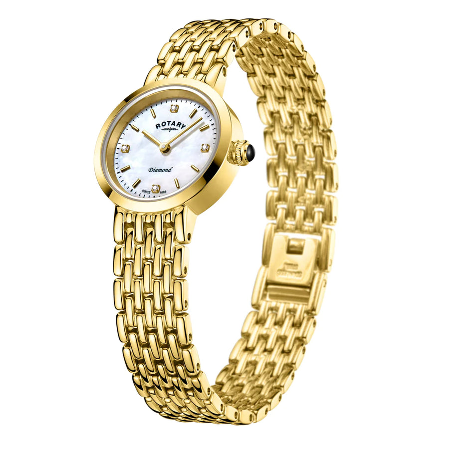 Rotary Ladies Gold Plated Mother of Pearl & Diamond Set Watch