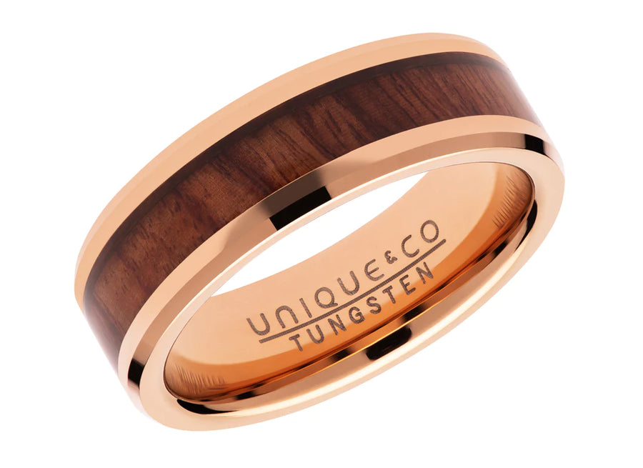 Unique Rose Gold Bevelled Edge 7mm Single Wooden Inlay Ring