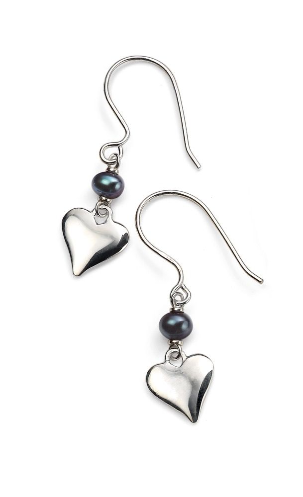 Sterling Silver Black Freshwater Pearl & Heart Drop Earrings