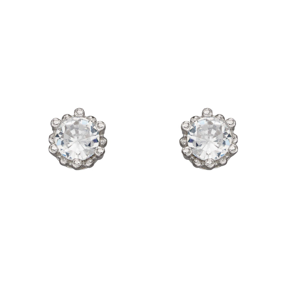 Sterling Silver Dotted Edge CZ Round Stud Earrings
