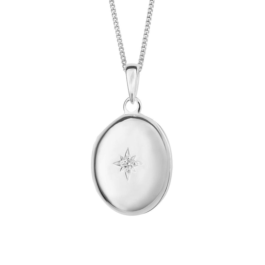 Sterling Silver Oval Locket with Starburst Cubic Zirconia & Chain