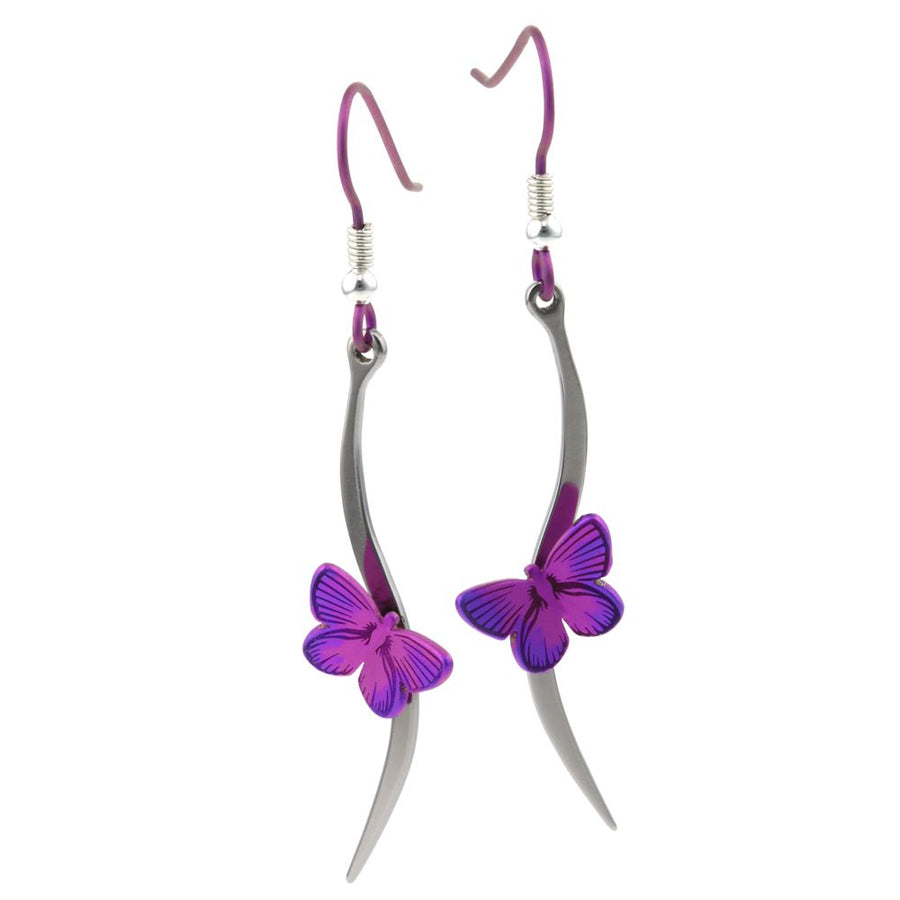 Titanium Pink Butterfly & Stem Drop Earrings