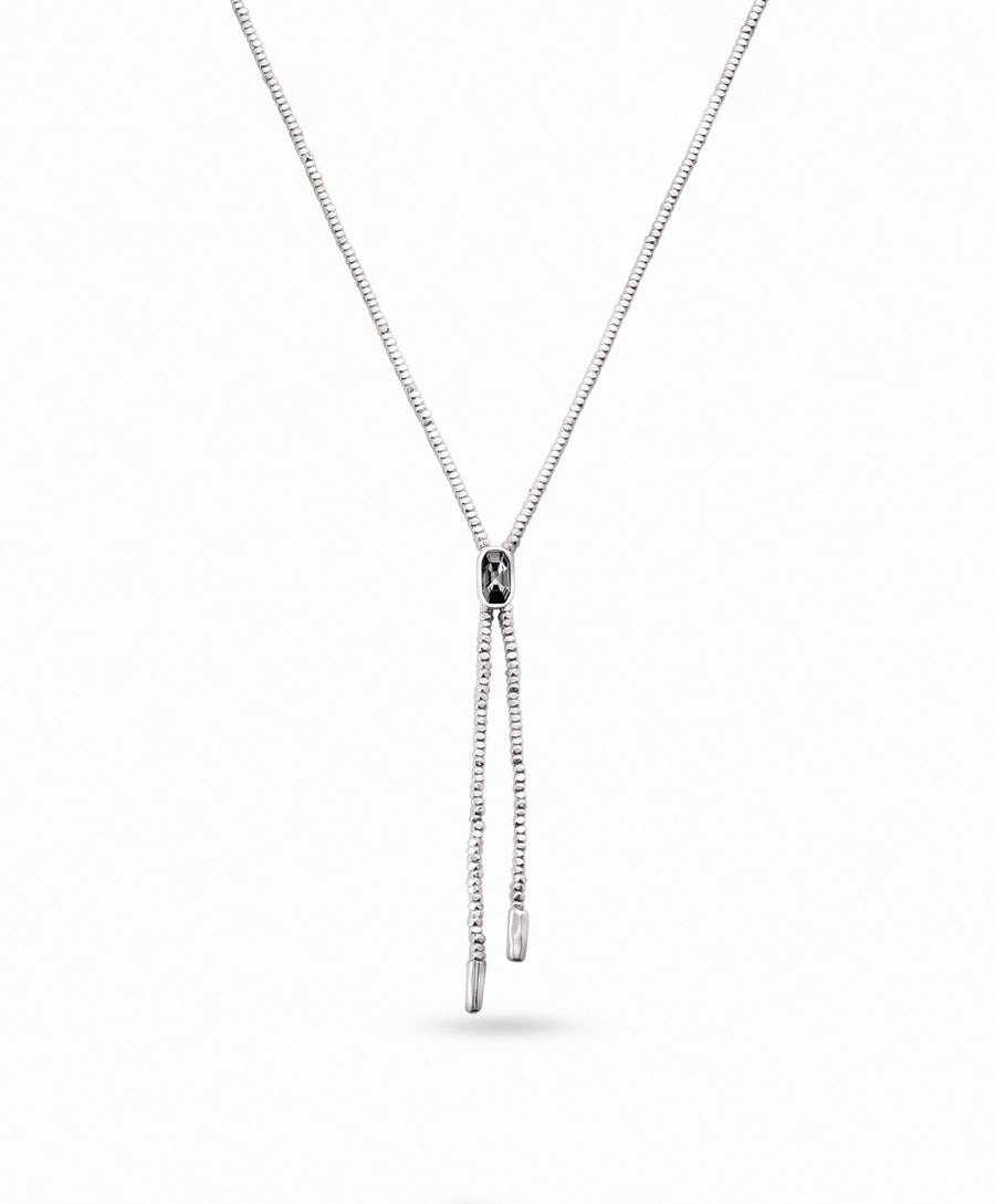 Silver Plated Grey Crystal Set Long Beaded Tassel Necklace