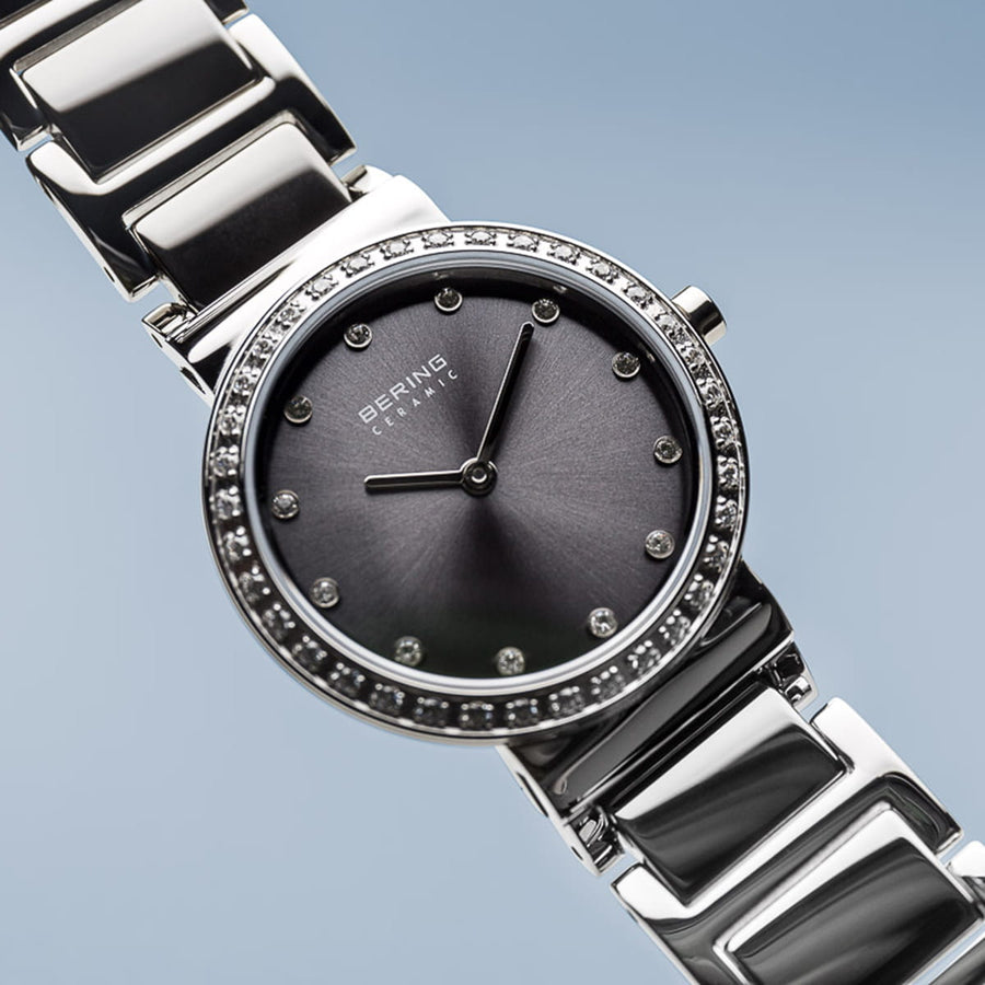 Bering Ceramic Metallic Grey & Stainless Steel Ladies Watch with Swarovski Bezel