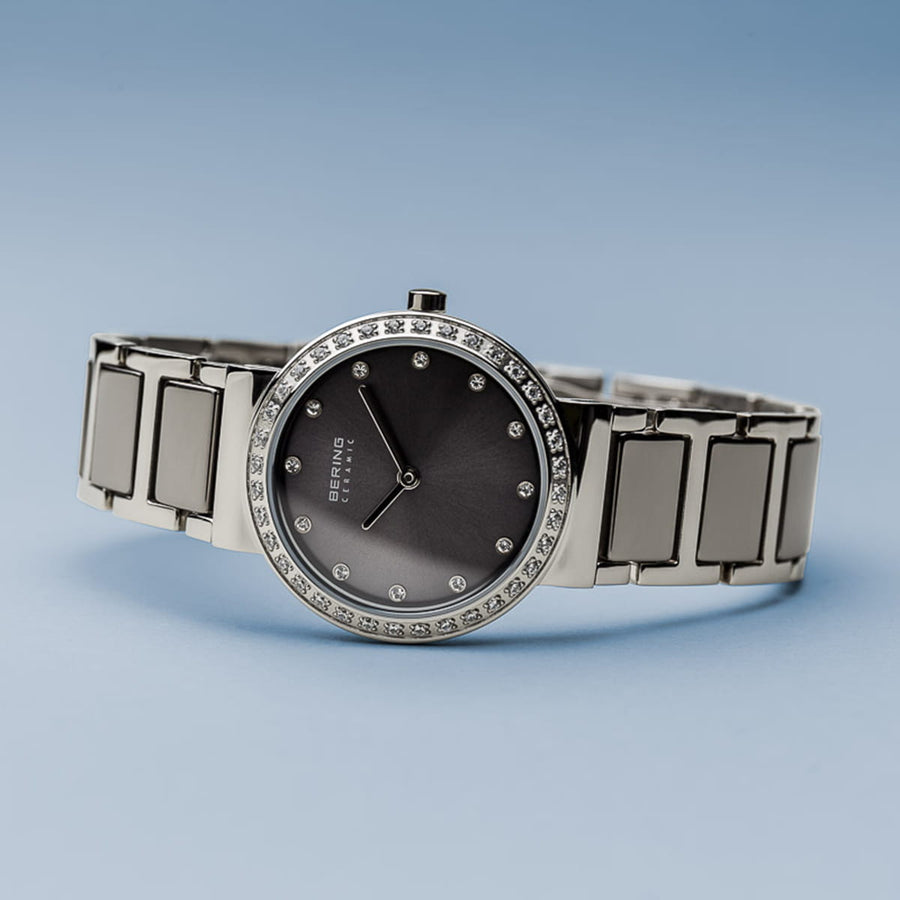 Bering Ceramic Metallic Grey & Stainless Steel Ladies Watch with Swarovski Bezel