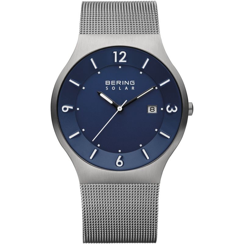 Bering Solar Grey Stainless Steel Mesh Gents Watch with Blue Dial