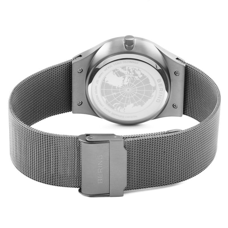 Bering Solar Grey Stainless Steel Mesh Gents Watch with Blue Dial