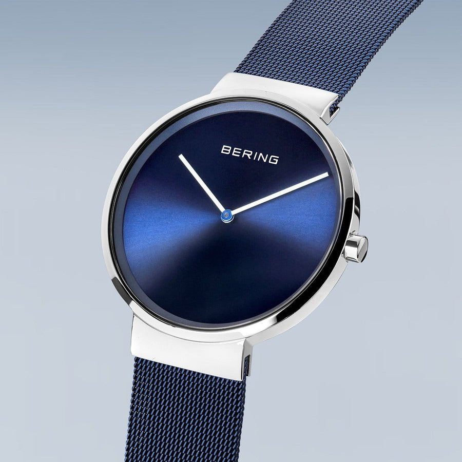Bering Classic Blue Stainless Steel Mesh Watch with Blue Dial