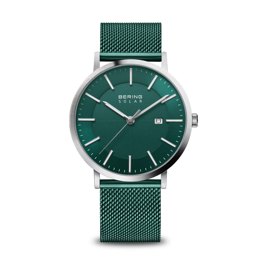 Bering Green Stainless Steel Mesh Solar Watch with Green Dial