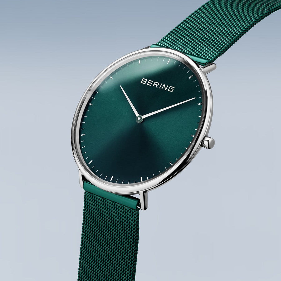 Bering Classic Ultra Slim Green Stainless Steel Mesh Watch with Green Dial