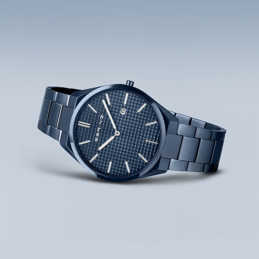 Bering Classic Ultra Slim Blue Brushed Stainless Steel Watch