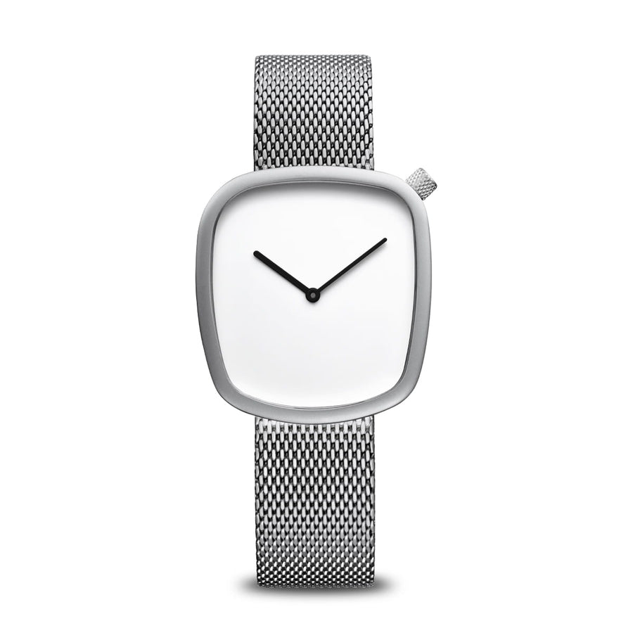 Bering Stainless Steel Mesh Pebble Watch with White Dial