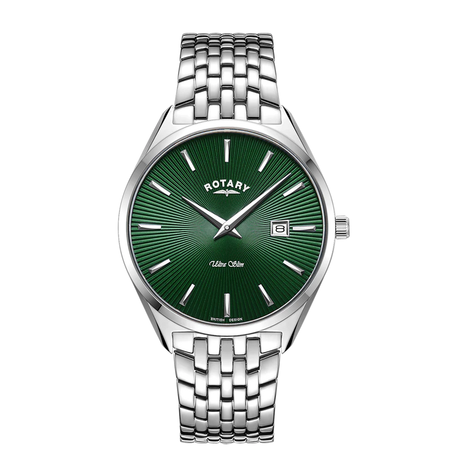 Rotary Gents Stainless Steel Ultra Slim Green Dial Bracelet Watch