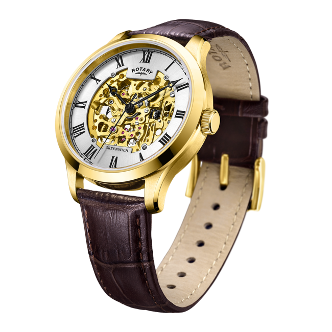 Rotary Gents Mechanical Gold Plated Watch on Brown Strap