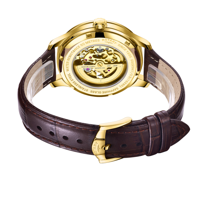 Rotary Gents Mechanical Gold Plated Watch on Brown Strap
