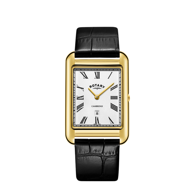 Rotary Gents Gold Plated Rectangular Case Black Leather Strap Watch