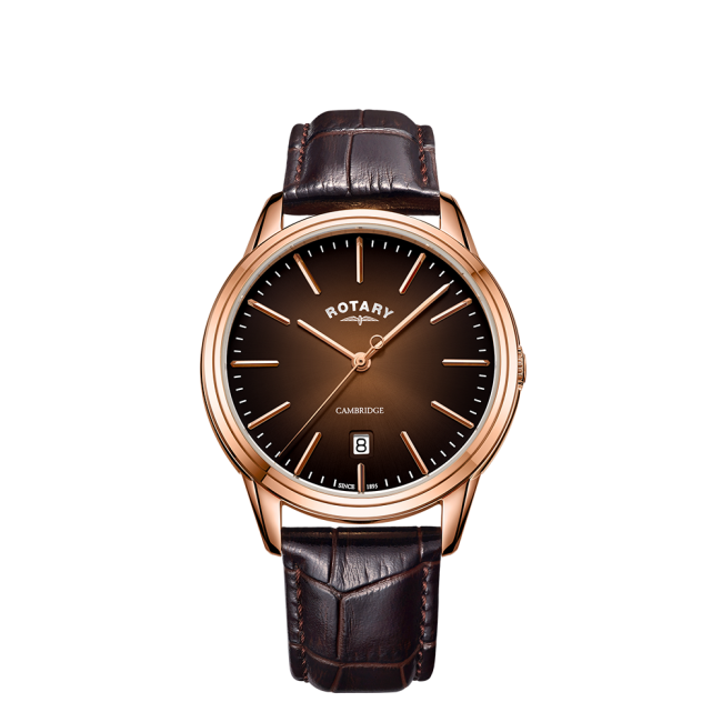 Rotary Gents Rose Gold Plated Brown Leather Strap Watch
