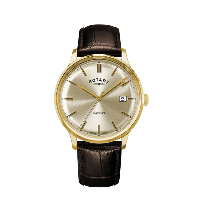 Rotary Gents Gold Plated 'Avenger' Brown Leather Strap Watch