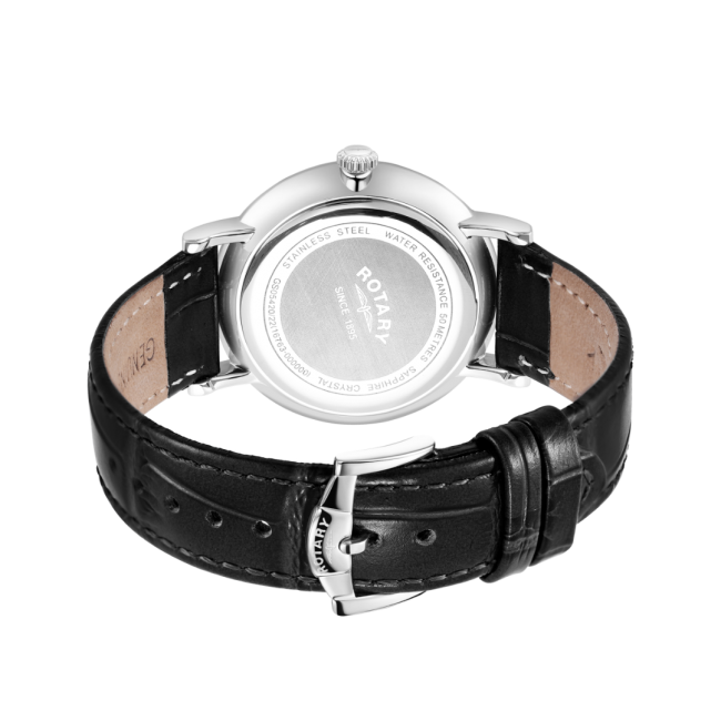 Rotary Gents Stainless Steel 'Windsor' Black Leather Strap Watch