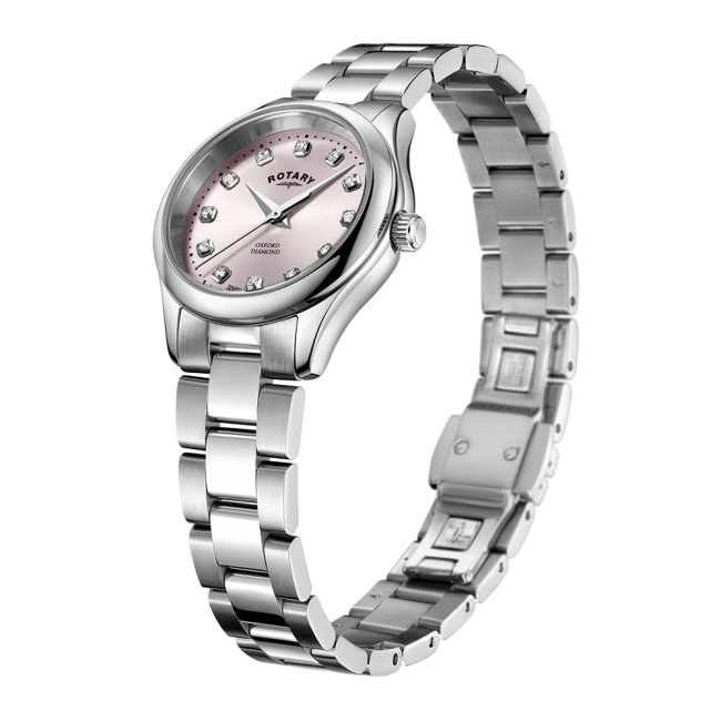 Rotary Ladies Stainless Steel Pink Dial & Diamond Watch