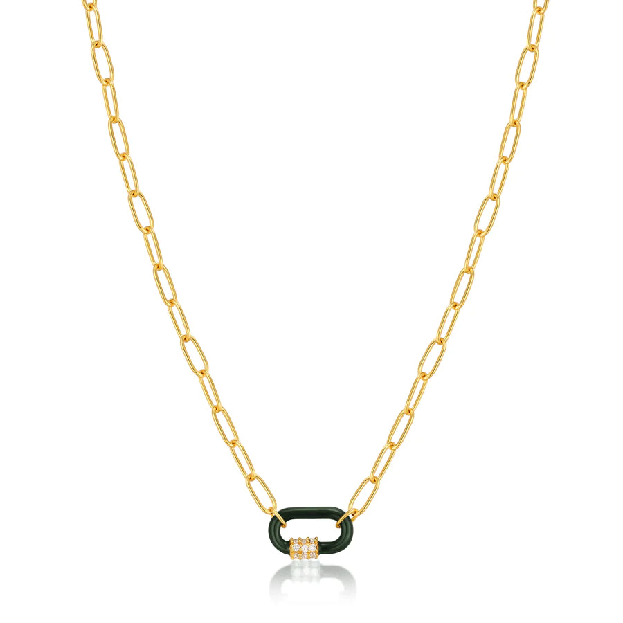 Ania Haie Gold Forest Green Enamel Carabiner Gold CZ Necklace