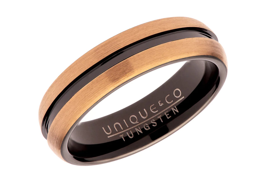 Unique Gents Tungsten Rose & Brown IP Plate Ring