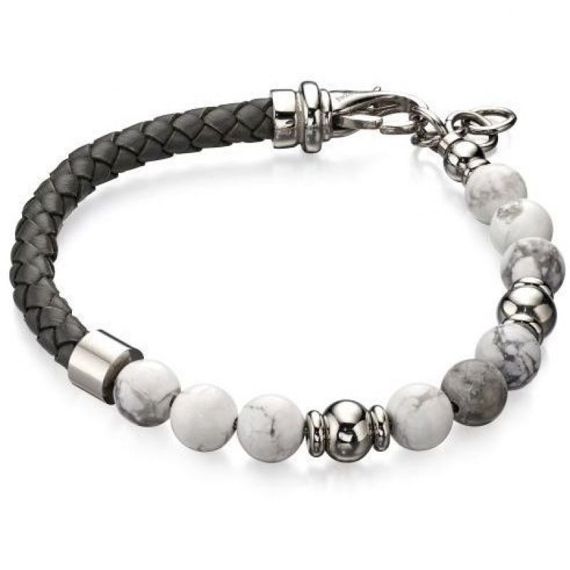 Fred Bennett Grey Leather with Howlite beads Bracelet
