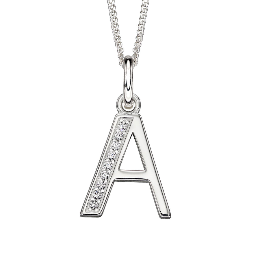 Sterling Silver CZ Art Deco 'A' Initial Pendant With Chain