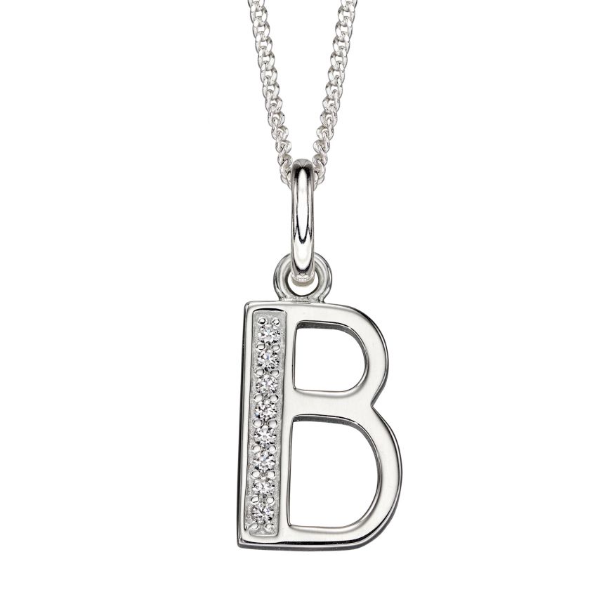 Sterling Silver CZ Art Deco 'B' Initial Pendant With Chain