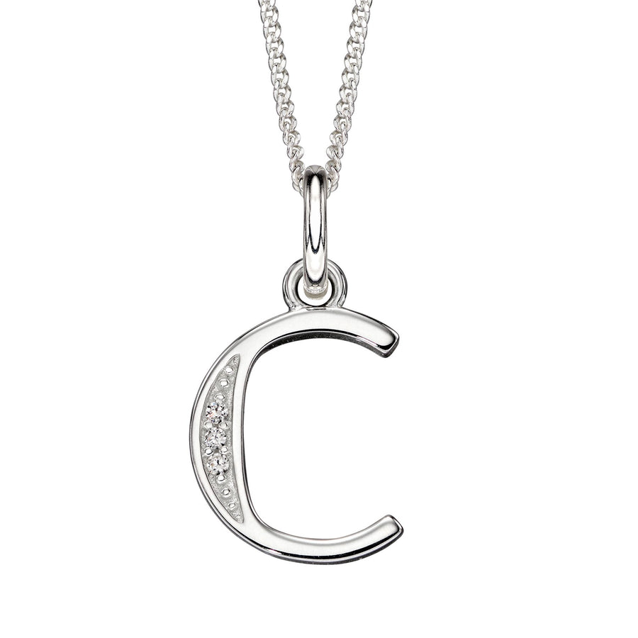 Sterling Silver CZ Art Deco 'C' Initial Pendant With Chain