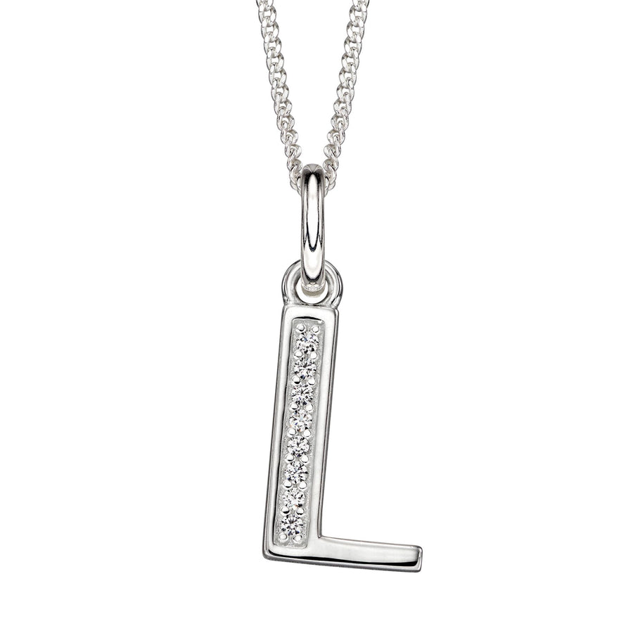 Sterling Silver CZ Art Deco 'L' Initial Pendant With Chain
