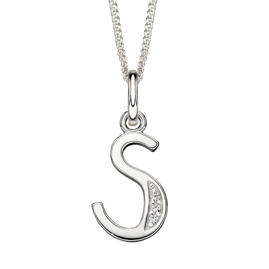 Sterling Silver CZ Art Deco 'S' Initial Pendant With Chain