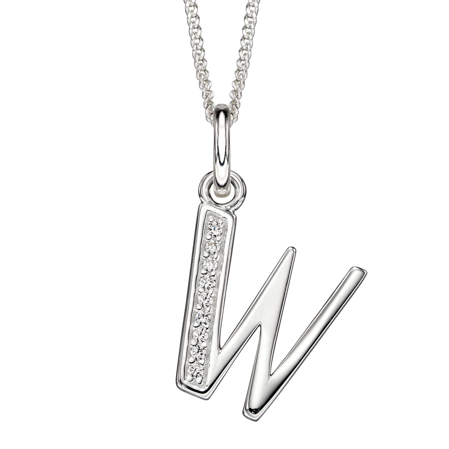 Sterling Silver CZ Art Deco 'W' Initial Pendant With Chain