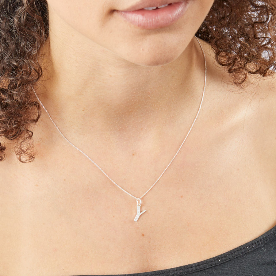 Sterling Silver CZ Art Deco 'Y' Initial Pendant With Chain