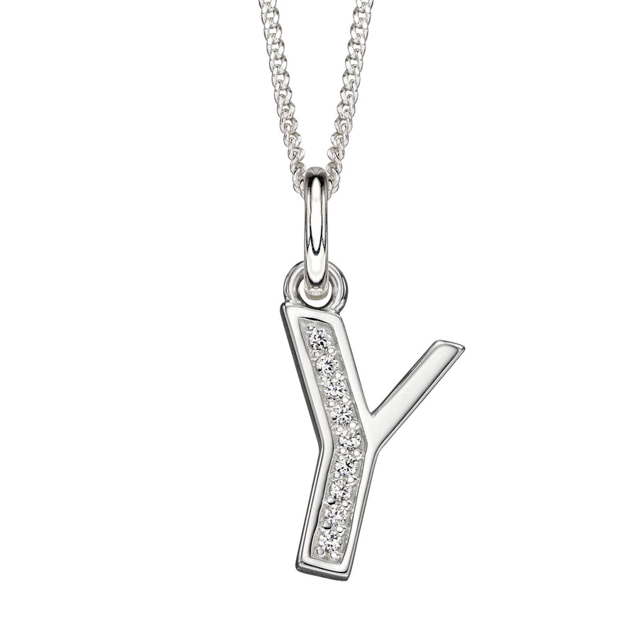 Sterling Silver CZ Art Deco 'Y' Initial Pendant With Chain