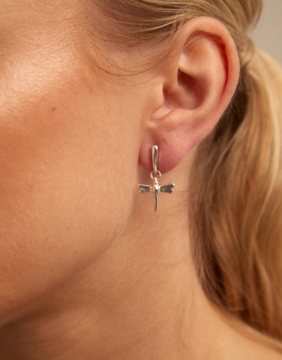 Silver Plated Polished Dragonfly Drop Earrings